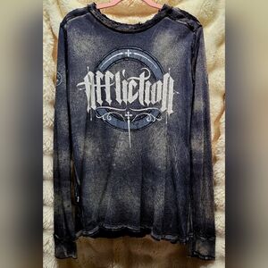 Affliction Men's Distressed Black and Gray Reversible Long Sleeve Thermal Sz L